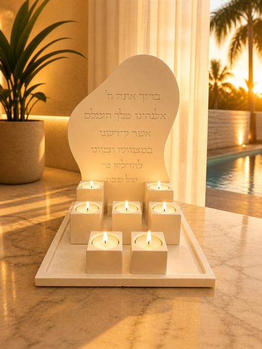 Shabbat Candle Lighting Set – Tray, Blessing Plaque & 7 Square Candle Holders