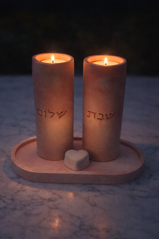 Pink Marble Shabbat Candle Holders Set