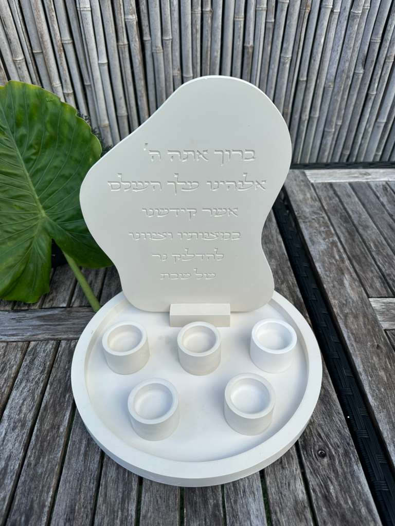 Large Shabbat Candle Holder Set – 5 Concrete Holders with big Tray
