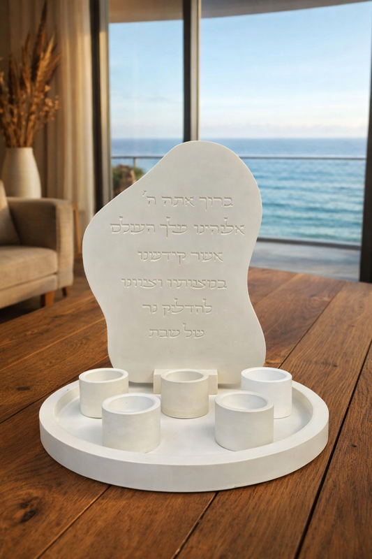 Large Shabbat Candle Holder Set – 5 Concrete Holders with big Tray