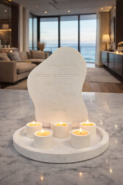 Large Shabbat Candle Holder Set – 5 Concrete Holders with big Tray