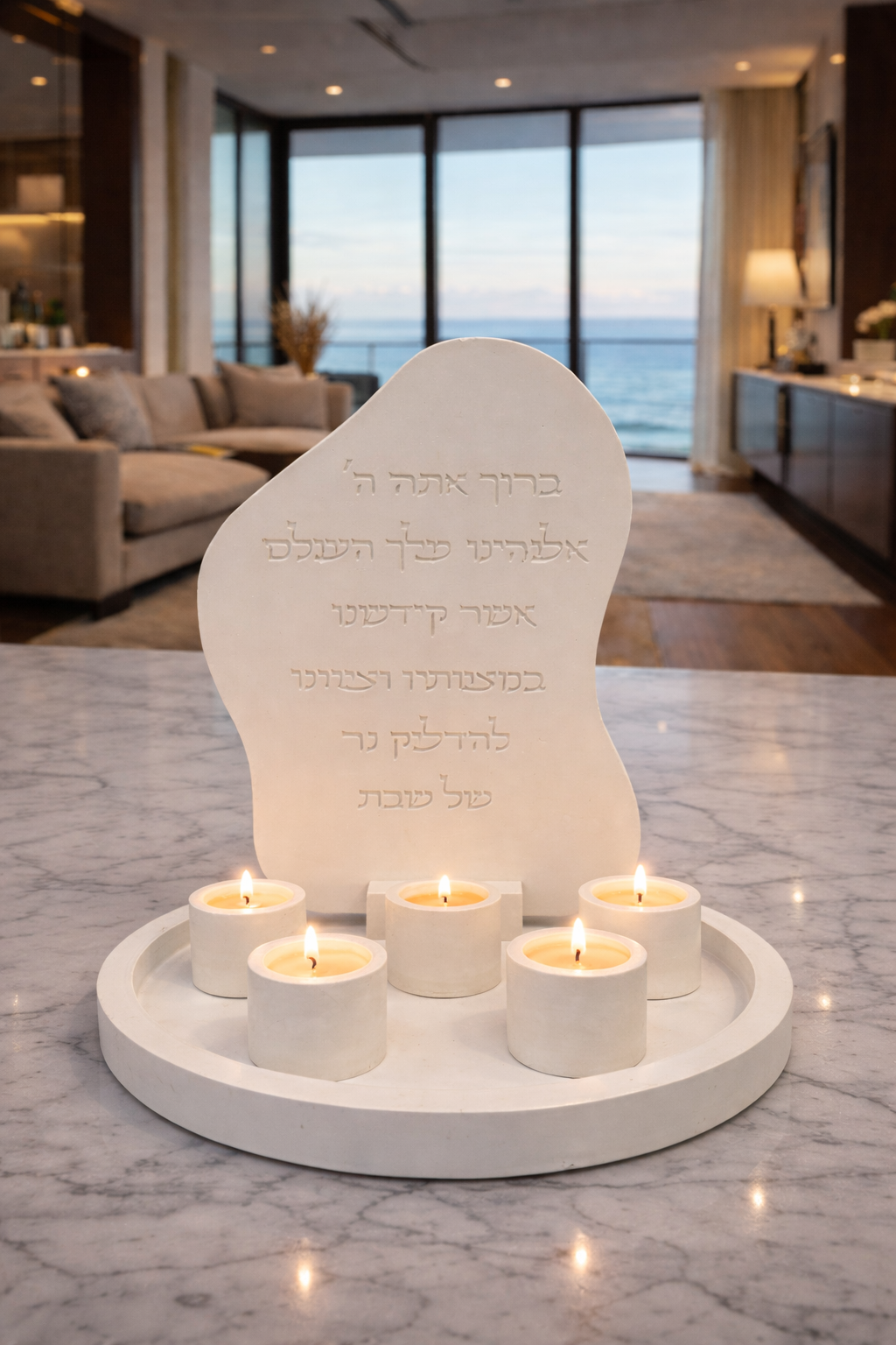 Large Shabbat Candle Holder Set – 5 Concrete Holders with big Tray