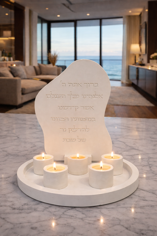 Large Shabbat Candle Holder Set – 5 Concrete Holders with big Tray