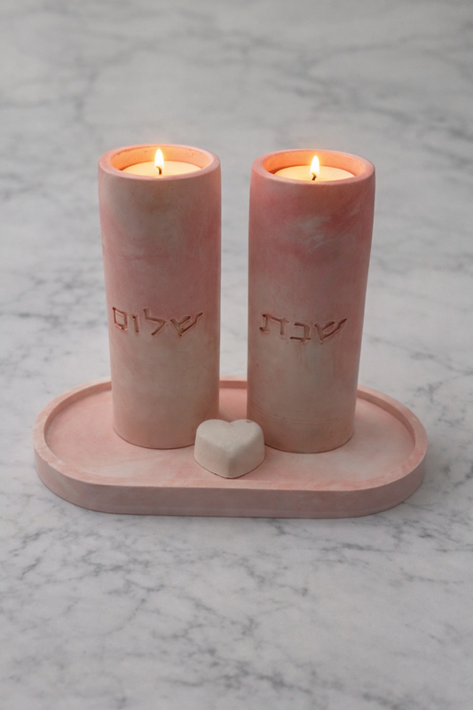 Pink Marble Shabbat Candle Holders Set
