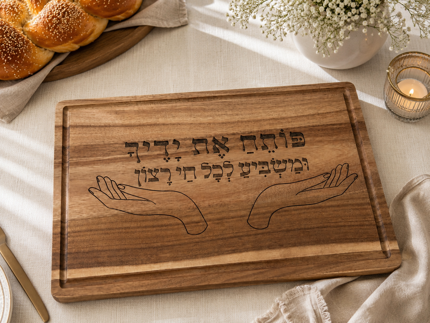 Acacia Wood Challah Board – “You Open Your Hand” Engraved Serving Tray