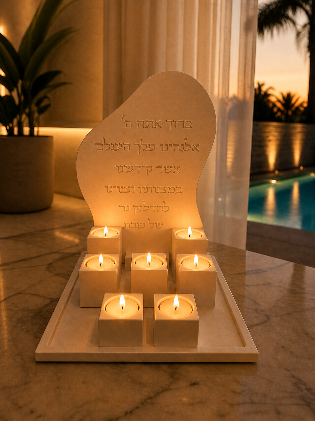 Shabbat Candle Lighting Set – Tray, Blessing Plaque & 7 Square Candle Holders