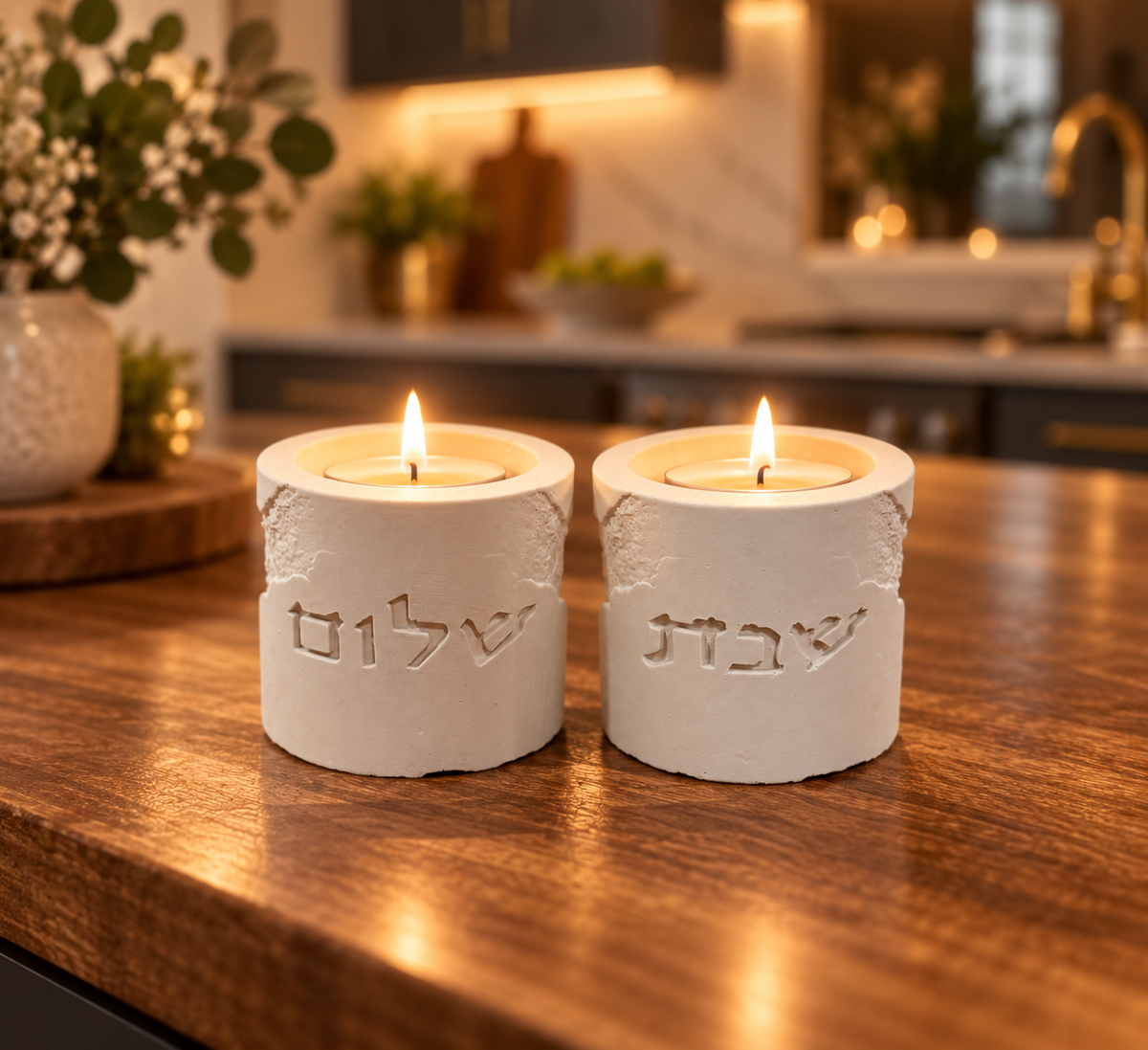 Shabbat Candle Holders Set  שבת שלום דמוי אבן