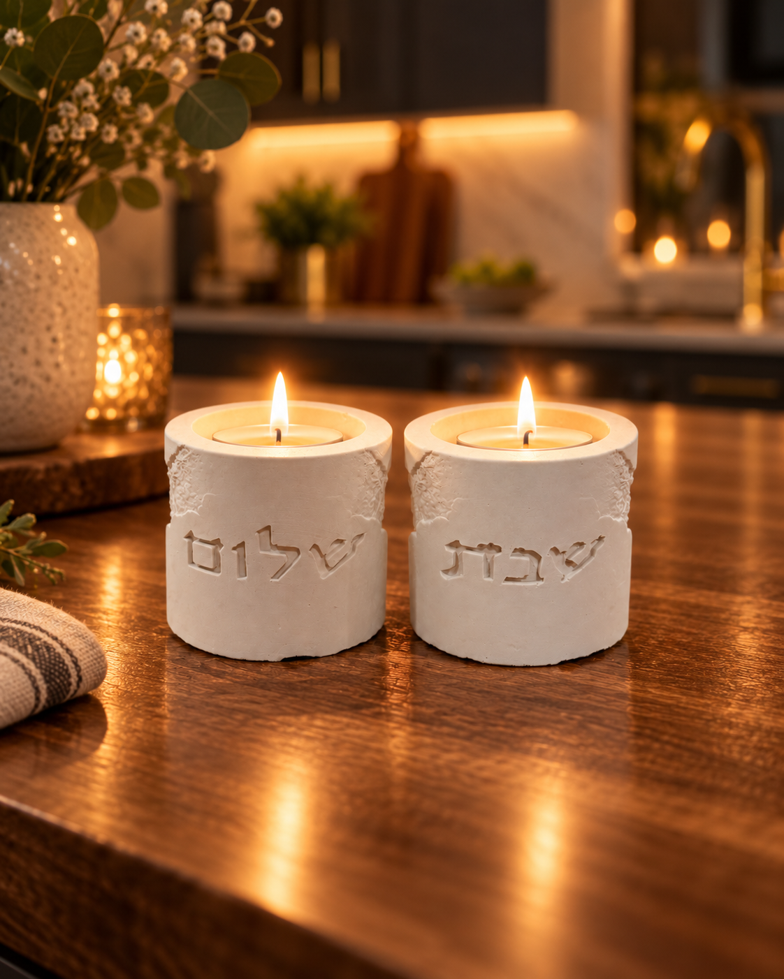 Shabbat Candle Holders Set  שבת שלום דמוי אבן