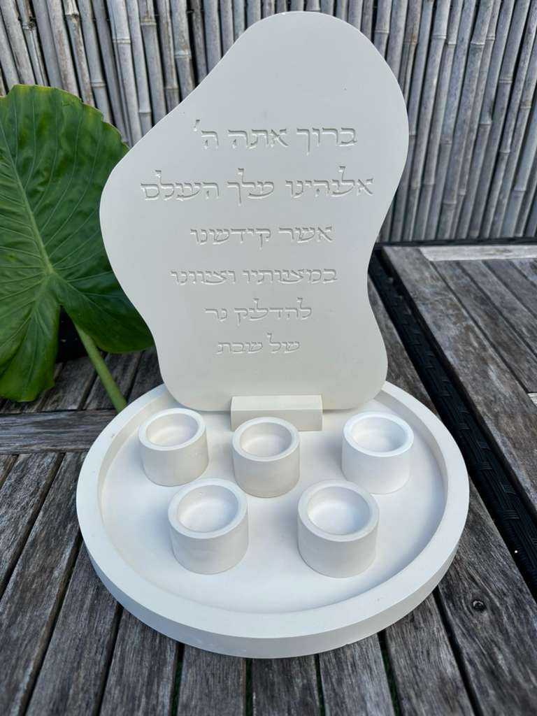 Large Shabbat Candle Holder Set – 5 Concrete Holders with Tray