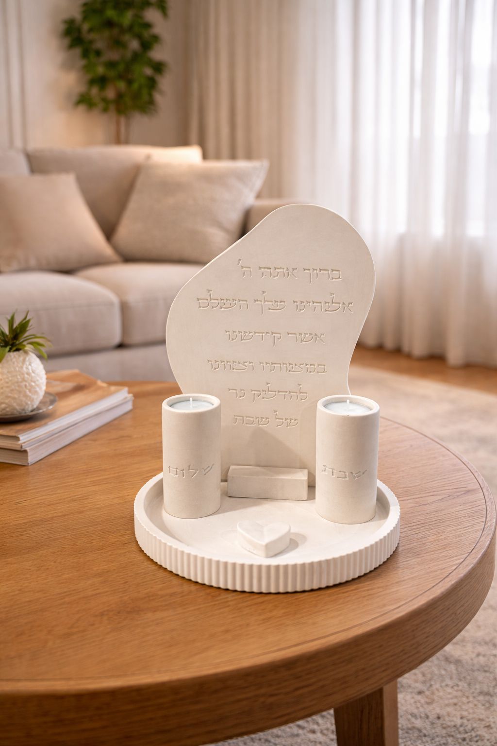 Concrete tall Shabbat Candle Set – “Shabbat Shalom